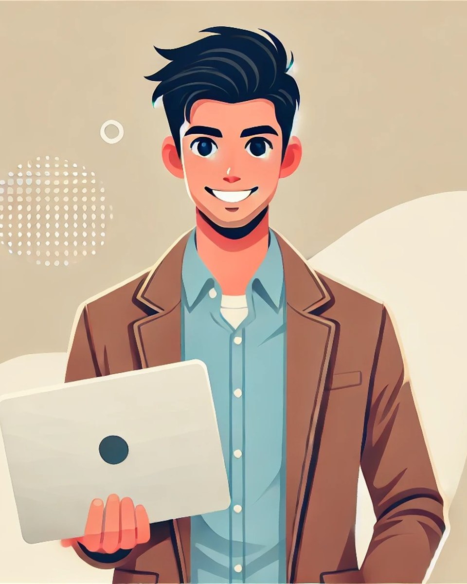 Illustrated portrait of Revanza holding a laptop