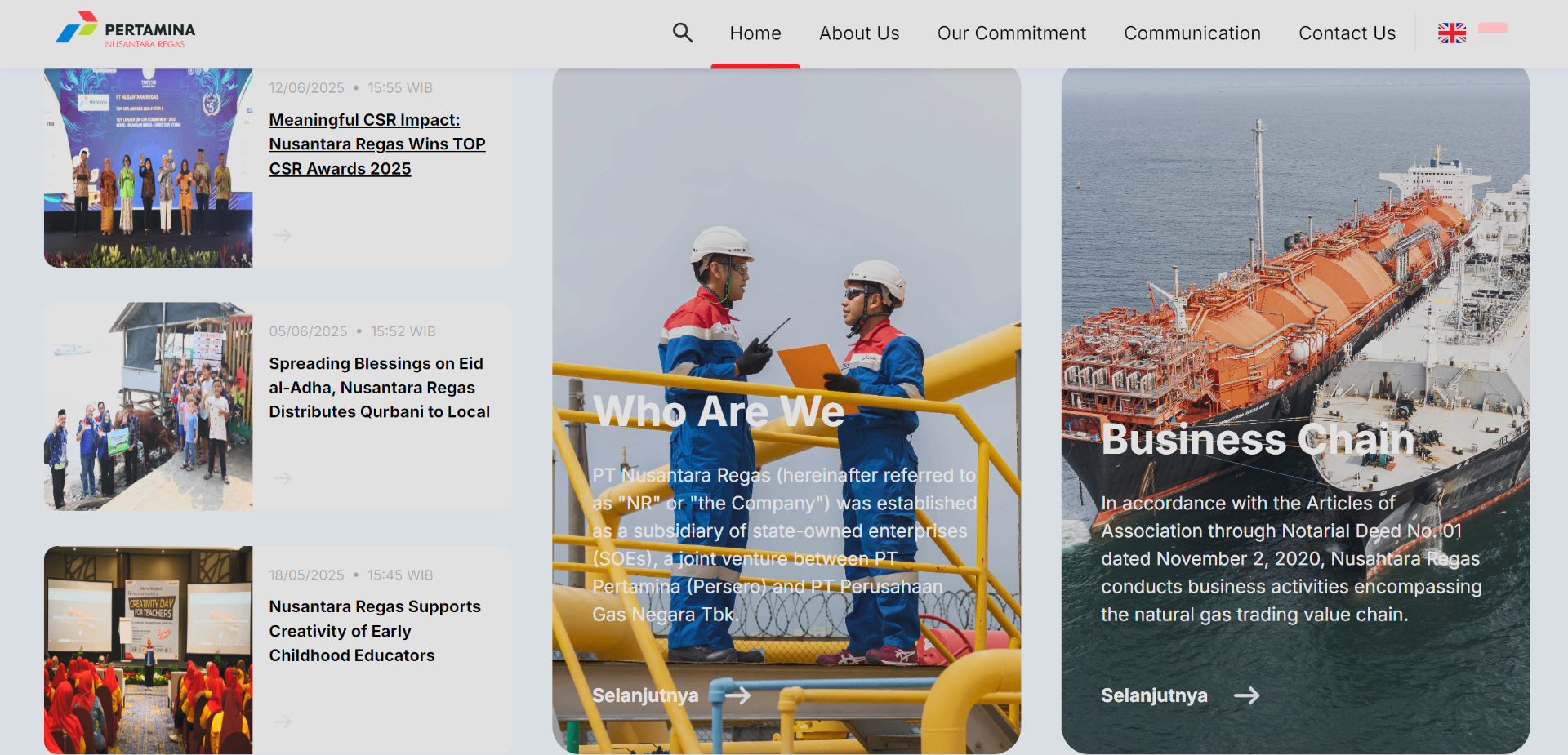 Nusantara Regas homepage showing news, company profile, and business chain sections